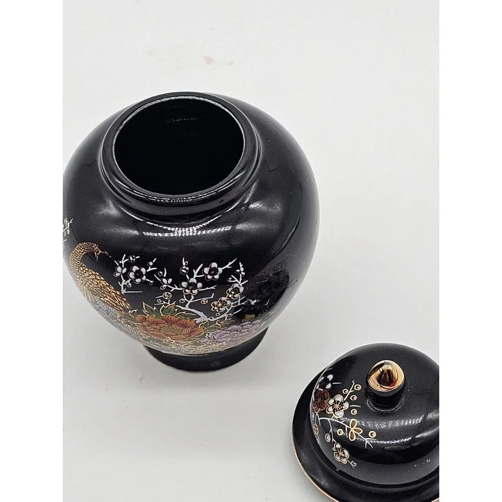 Asahi Japan Vase Black Floral Porcelain Peacock Ginger Jar Urn with Lid